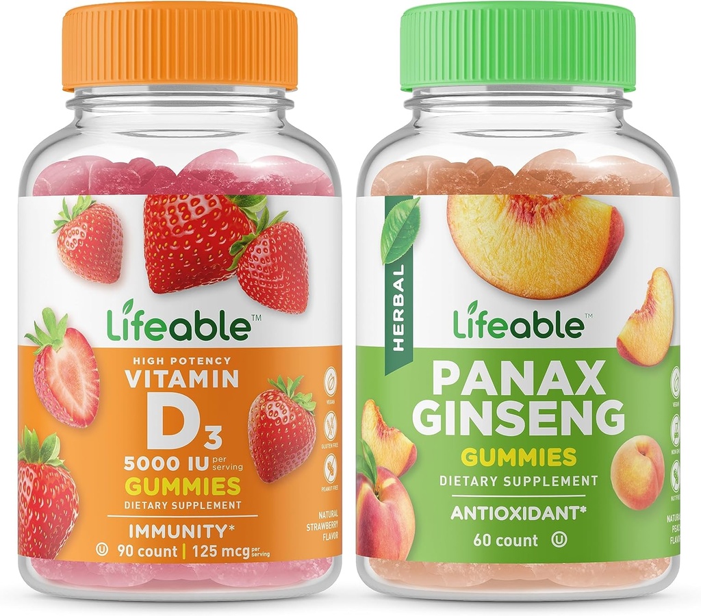 Vitamina vitale D 5000 IU + Panax Ginseng, Gummies Bundle - Grande degustazione, Integratore di vitamina, Senza glutine, OGM libero, Gomma masticabile