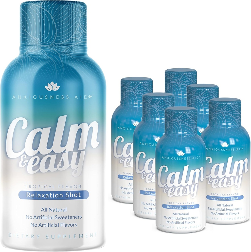 Calmo & Facile - Scioglimento naturale di sollievo dallo stress, KSM-66 Ashwagandha, Suntheanine L Theanine, Bevande adaptogene calmanti, Rilassamento, Focus e Mood | Bottiglia liquida da 2 oz (6 Pack)