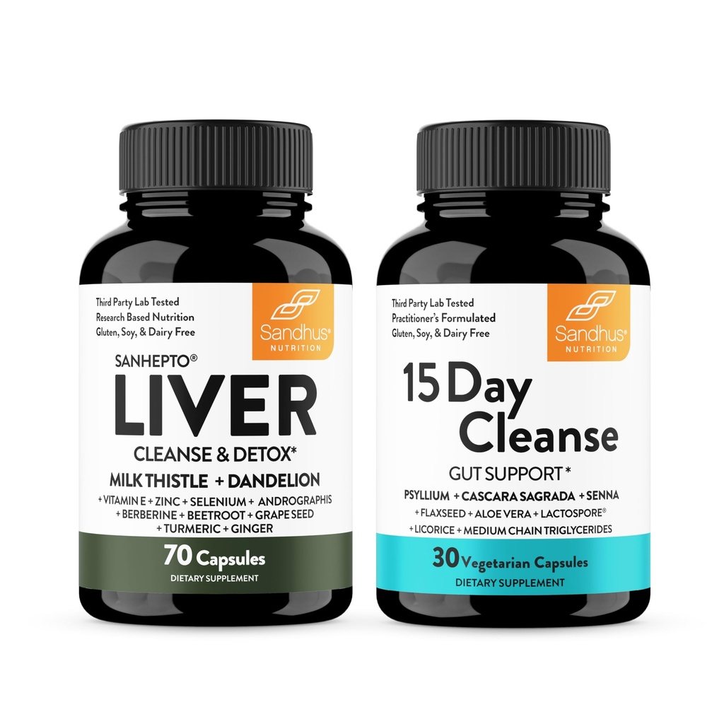 Sandhu's Liver Renew Cleanse Detox Support & 15 Day Gut Cleanse Support Supplemento per donne & uomini