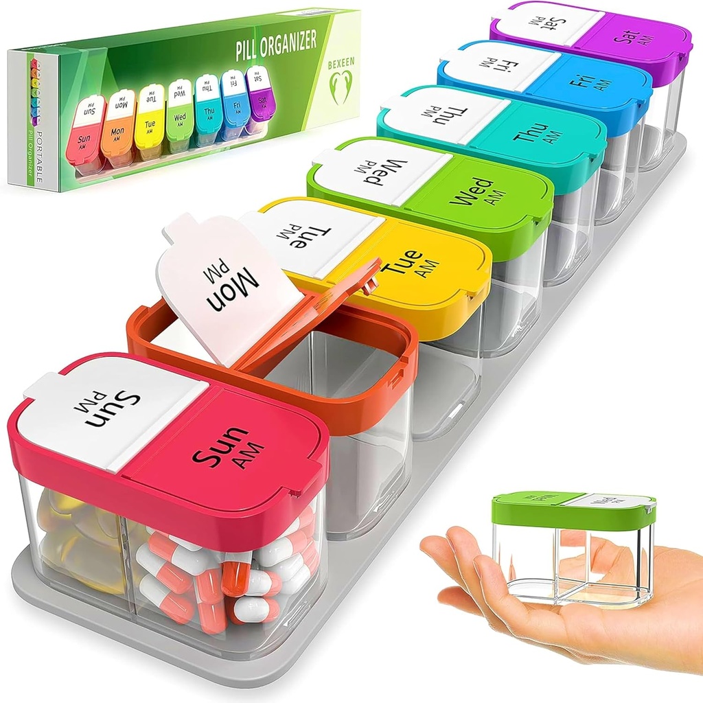 Extra Large Weekly Pill Organizer - XL Vitamin Holder con 7 Confronti STATABILI AM PM - Dispenser portatile per la casa e il viaggio, Big Supplement Container per uso settimanale o giornaliero, Rainbow