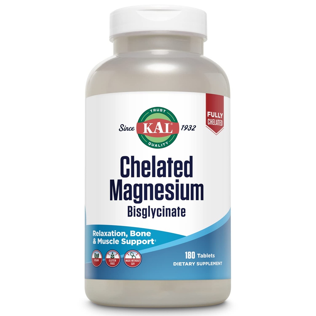 KAL Chelated Magnesium Bisglycinate, Magnesio Supplemento per il rilassamento, Bone Health, Nerve & Muscle Function Support*, Alto assorbimento, Digestione Gentle, Vegan, Gluten Free, 60 Servings, 180 compresse