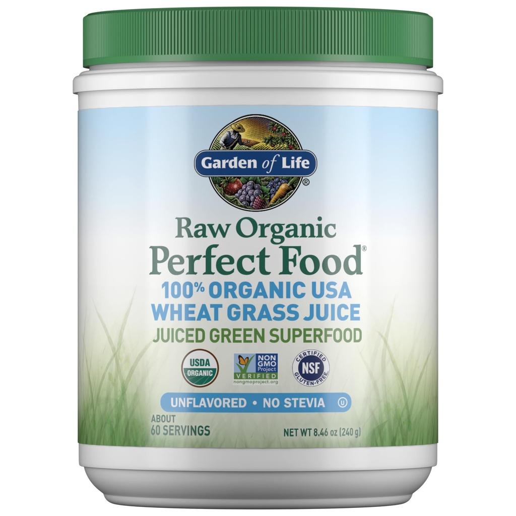 Giardino della vita Raw Organic Perfect Food 100% Organic USA Wheat Grass Juice - Juiced Green Superfood Green Green Green Polvere, 60 Serve - Stevia-Free, Non-OGM, Vegan, Gluten Free Whole Food Integratore alimentare