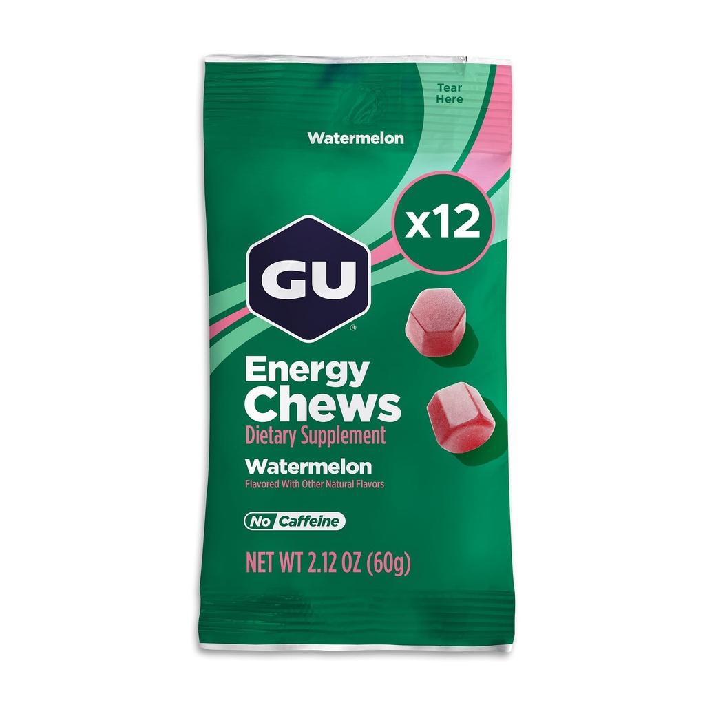 GU Energy Chews, Watermelon Energy Gummies with Electrolytes, Vegan, Gluten-Free, Kosher, Caffeina-Free e Dairy-Free On-The-Go Energy for Any Workout, 12 Bags (24 Servings Total)