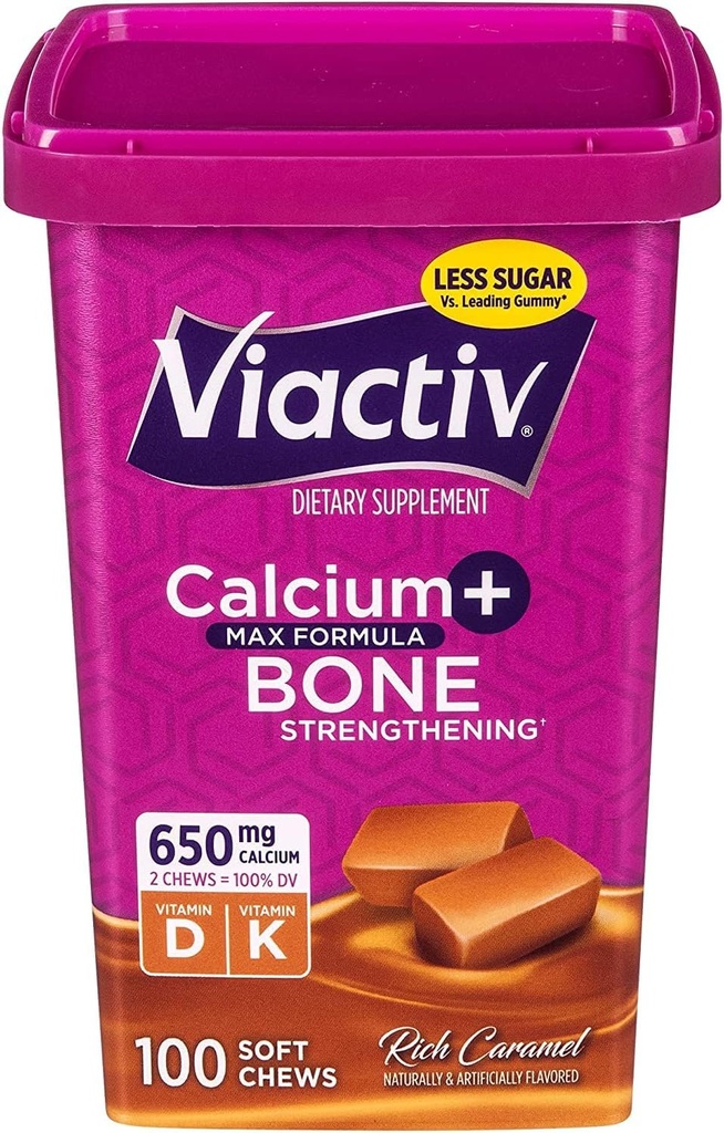 Viactiv Max Formula Calcium +Vitamin D3 Supplemento per Bone Health, Rich Caramel, 100 Soft Chews - 6 Pack