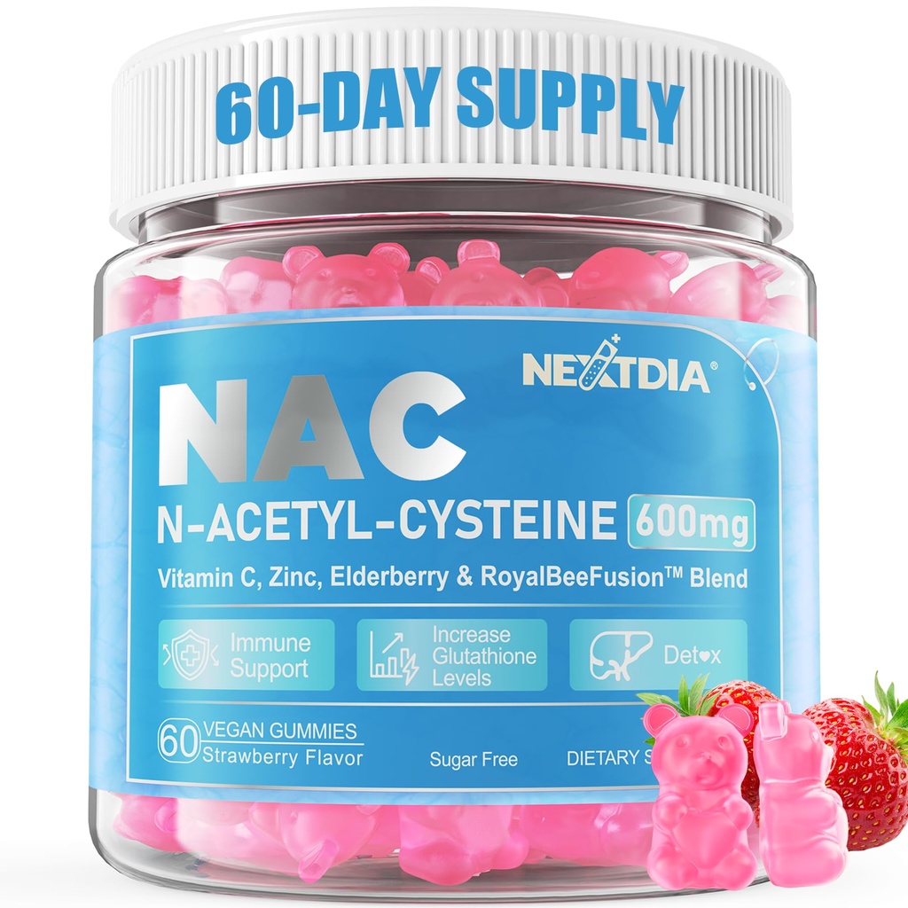 Nextdia NAC Gummies per bambini e adulti, Chewable N-Acetyl Cysteine Supplement 600mg 1000mg w/Vitamin C, Zinco, Elderberry per Antiossidanti e supporto immunitario, Lung & Liver Health, Sugar Free, 120 Ct