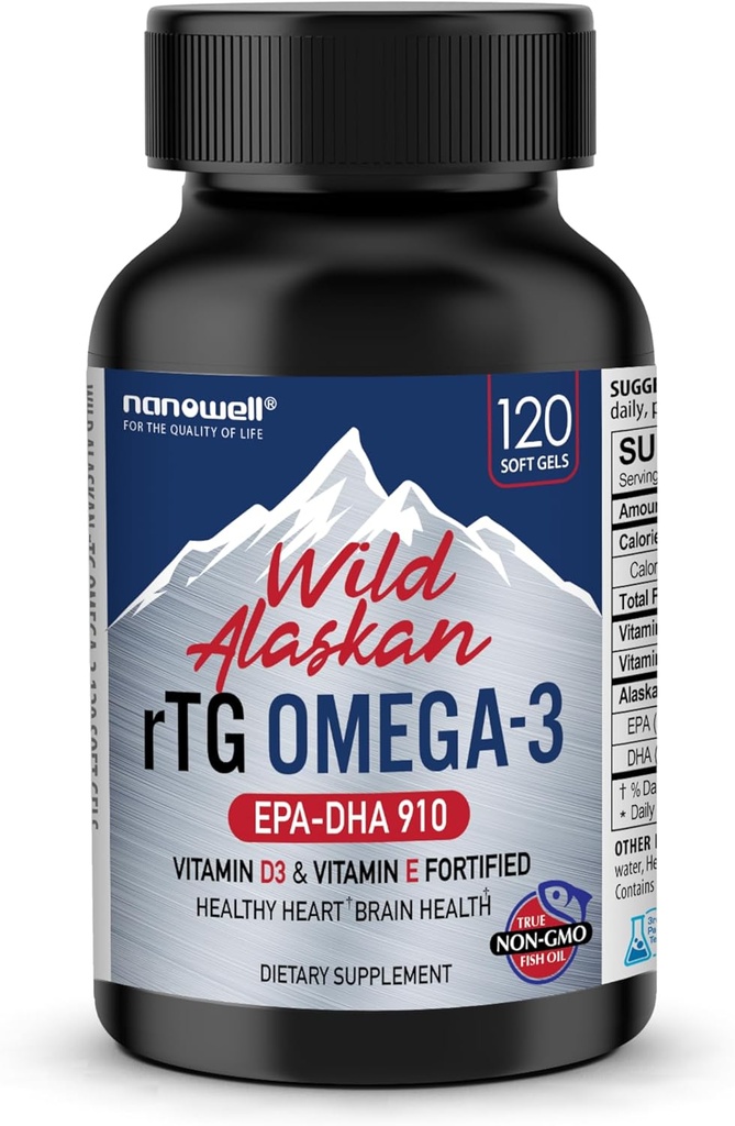 NANOWELL Wild Alaskan rTG Omega-3 Fish Oil 1196mg - EPA, DHA, Vitamina D3 & E - 120 Softgels, 60 giorni di alimentazione