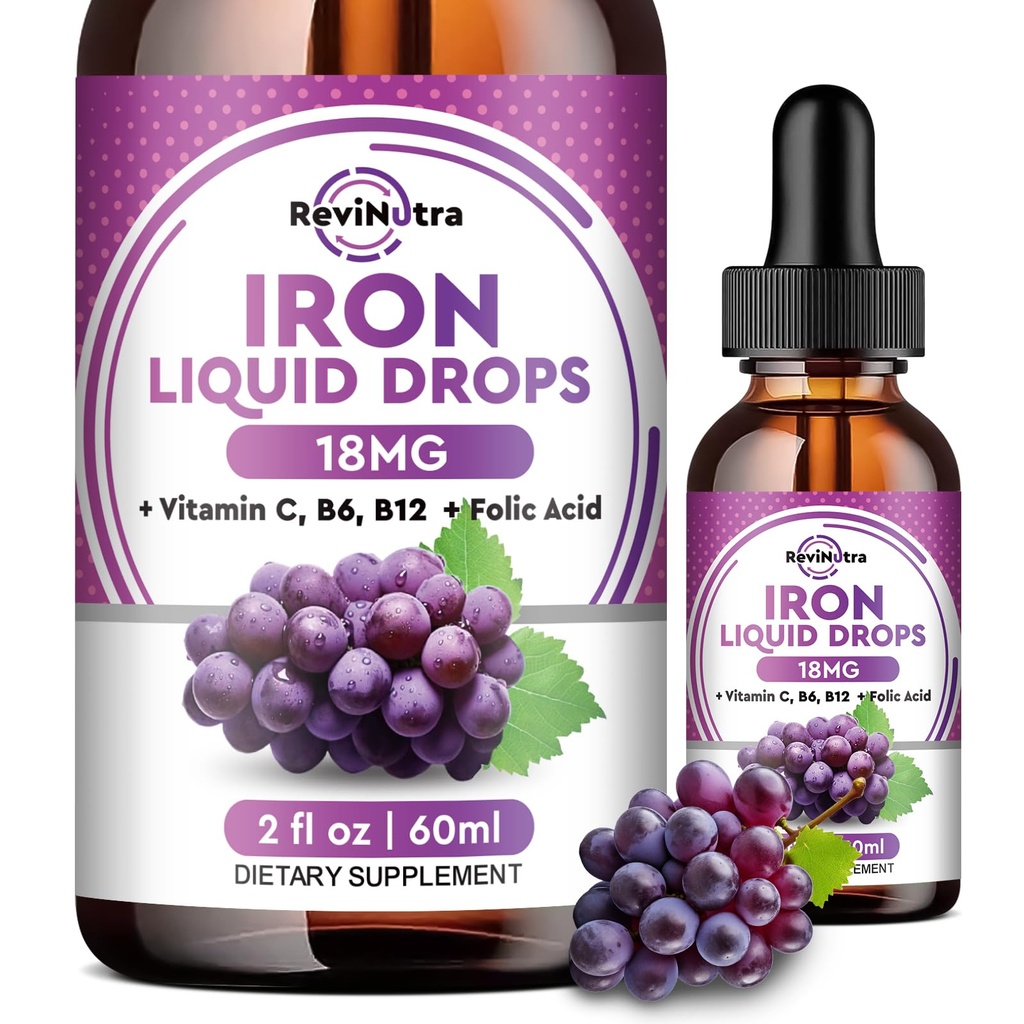 Supplemento di ferro liquido per le donne, gli uomini e i bambini - gocce di ferro liquido con Folate, vitamina C, B6, B12 per l'anemia, globuli rossi, supporto energetico - Sapore di uva, 2 Fl Oz