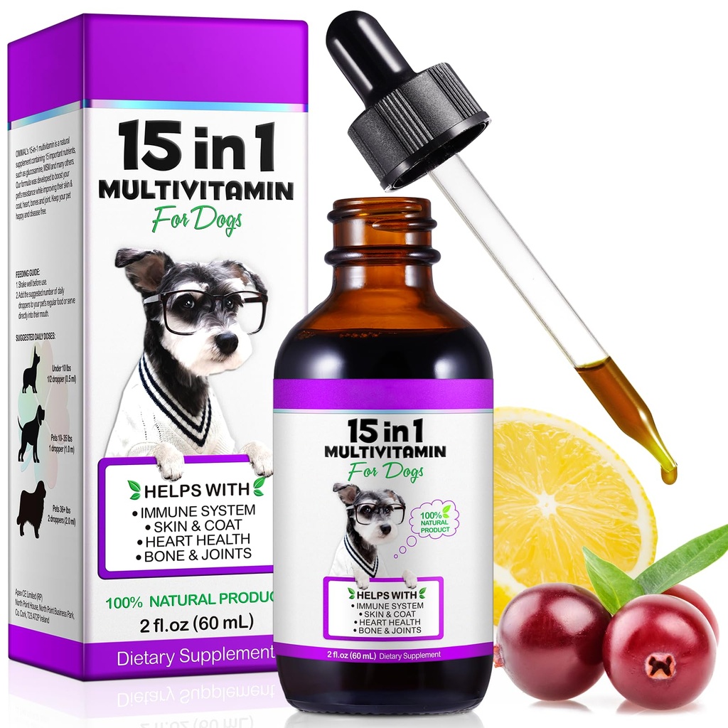 Cane Multivitamin,15 in 1 Cane Multivitamina Liquido Gocce Integratori, Vitamine di Cane per la salute del cuore, Bones, Giunto, Pelle & Cappotto, La vescica, Supporto di sistema immunitario 60ml