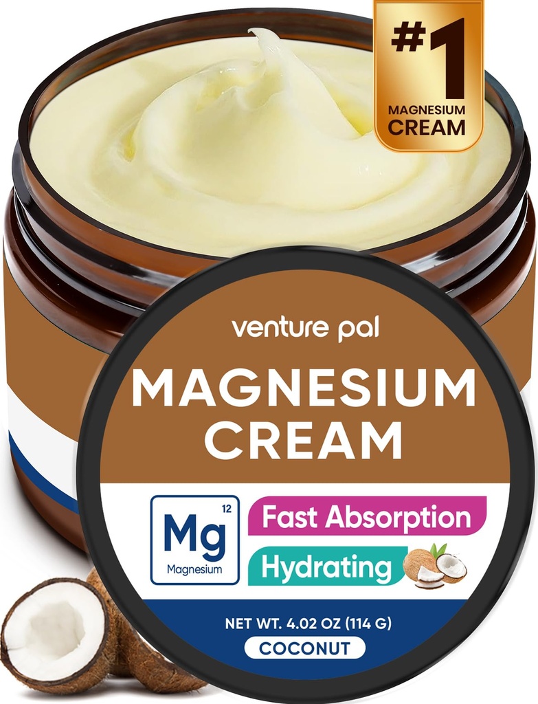 Crema di Magnesio di Venture Pal, Crema di Magnesio Topical per il Sonno, Crampe di Gamba & Dolore, Rilassamento muscolare, Integratore calma e idratante con Olio di cocco, Burro di Karitè & Acido Ialuronico, Sicuro per i bambini