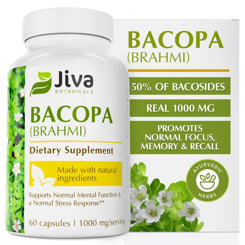 Jiva Botanicals Bacopa Monnieri Supplemento Pure 1000mg per Serving - Alta potenza Bacopa Monnieri (Brahmi) & Estratto per cervello normale, messa a fuoco, & supporto della memoria - Erbe ayurvediche - 60 capsule