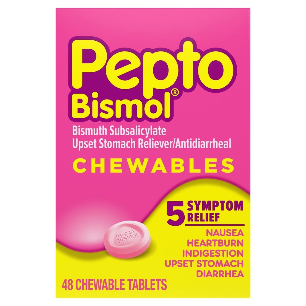 Pepto Bismol Chewable Tablets per Nausea, Heartburn, Indigestion, Upset Stomach, and Diarrhea - 5 Symptom Fast Relief, Original Flavor, 48 ct
