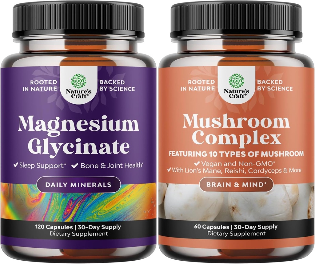 Bundle di Magnesio Glycinate capsule Minerale e Nootropic Brain Focus Mushroom - Supporto Immune Bone Health Mood Support - 10X Mushroom Blend for Sugar Balance and Mental Focus