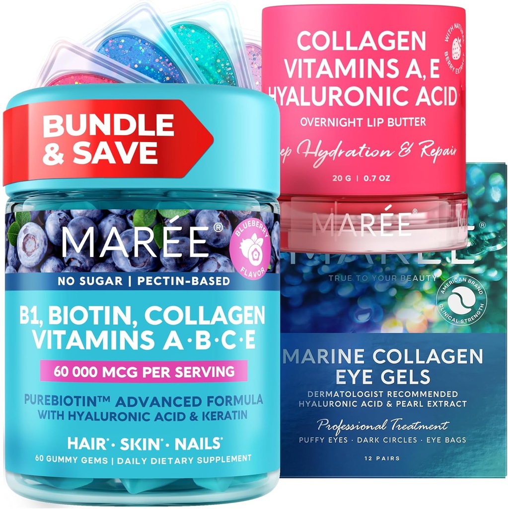 Bundle MAREE - Vitamina B1 Gummie Thiamine, Maschera Labbra, Gel Sotto Occhio - A, E, D, C Vitamine - Collagene & Acido Ialuronico - Complesso per Pelle, Unghie, Capelli - Maschera per Labbra Asciugate - Gel per Occhi Polverosi