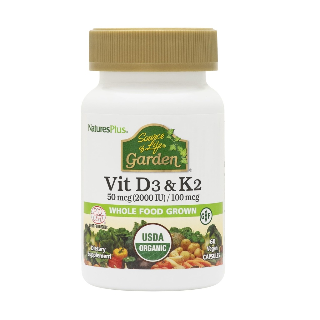 Natures Plus Sorgente di Life Garden Vitamin D3 & K2-60 Capsule Vegan - Promuove il supporto Bone, Funzione Immune, Salute cardiovascolare & Mood Balance - Vegan, Gluten Free - 60 Serve