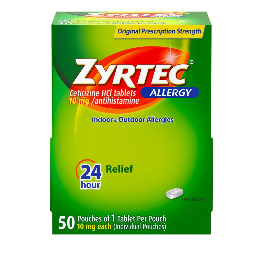 Zyrtec 24 ore Allergy Relief Tablet, Individualmente Wrapped Indoor and Outdoor Allergy Medicine con 10 mg Cetirizine HCl per Antihistamine Tablet, 1 Tablet Per Pack, 50 ct Dispensit Pack