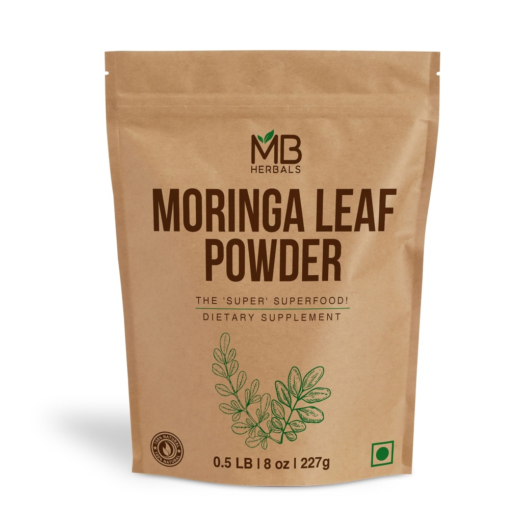 MB Herbals Moringa Leaf Powder 8 oz (227g / 0.5 LB) | Polvere di Moringa pura al 100% | Miscela facilmente in bevande & Smoothies | No Preservatives