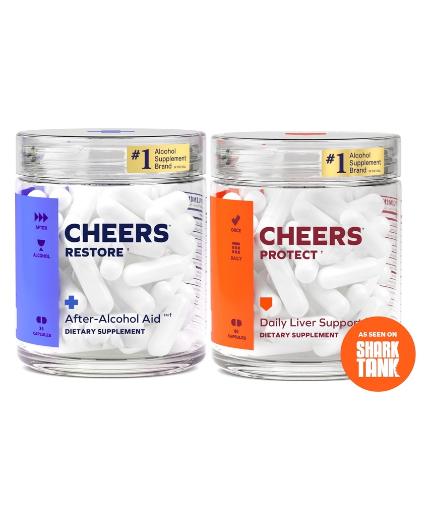 Cheers Liver Combo | Ripristino + Proteggi | Supporta il fegato e senti meglio dopo aver bevuto | DHM, L-Cysteine, Cardo al latte, Prickly Pear, B-Vitamins | 12 Dosi Ripristino, 30 Dosi Proteggi | Integratori