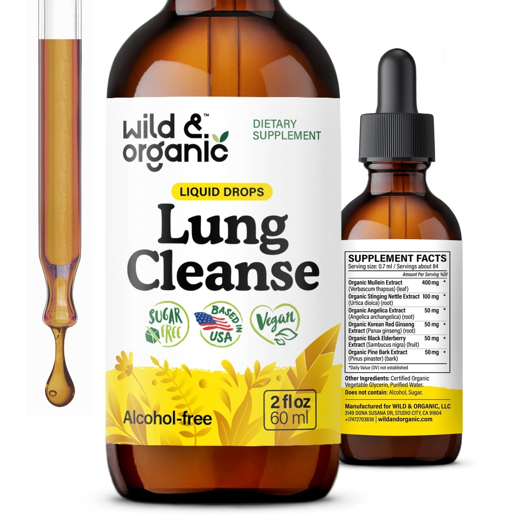 Wild & Organic Lung Cleanse Tincture - Estratto di foglie di Mullein per polmoni - Integratori di disintossicazione a base di erbe - Vegan, Gocce di Mullein senza zucchero e alcool - 2 fl oz