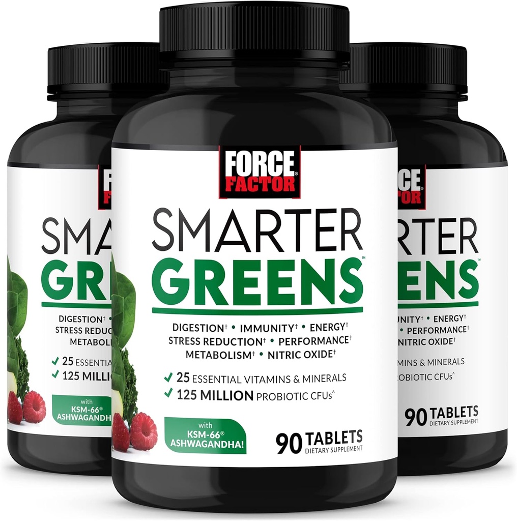 FORCE FACTOR Smarter Greens Tablets, 3-Pack, Greens Supplement con 25+ Superfoods e Antiossidanti per migliorare la digestione, ridurre lo stress, rafforzare l'immunità e sostenere il metabolismo, 270 compresse