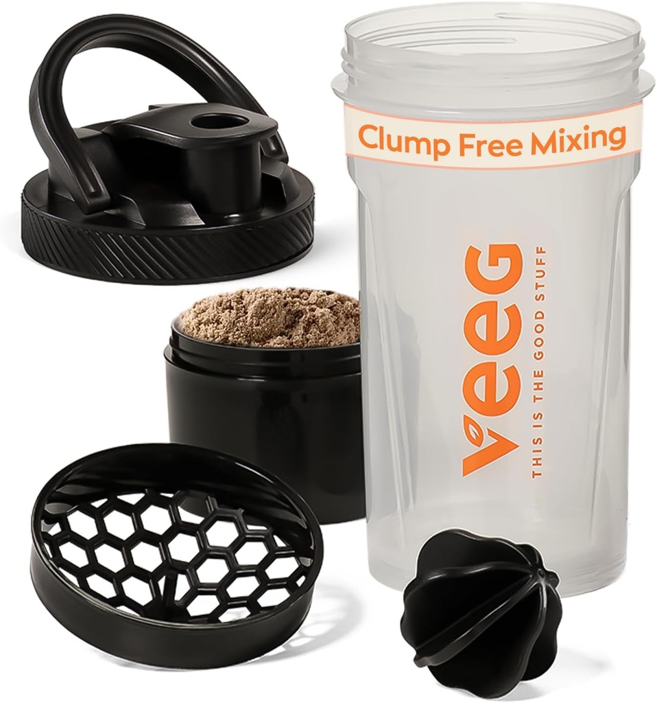 Bottiglie Veeg Shaker per Miscele Proteine, Bottiglia di Shake Proteine con sfera di miscelazione, filtro, scomparto di stoccaggio. Bottiglia agitatore da palestra da 24 oz, Flip Top Lid, Carry Handle. A prova di leak, lavabile in lavastoviglie.
