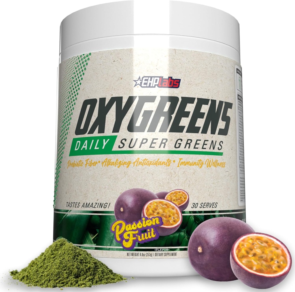 EHP Labs OxyGreens Super Greens Polvere - Spirulina & Chlorella Superfood, Polvere di succo verde & Greens Integratori con fibra prebiotica, Antiossidanti e supporto immunità, 30 Serve (frutto passivo)