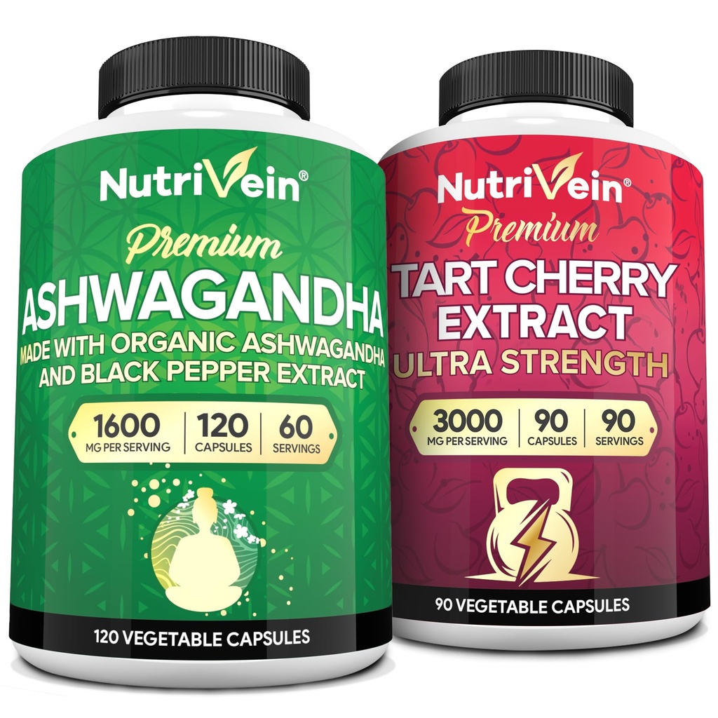 Nutrivein Premium Ashwagandha Capsules & Tart Cherry Capsules Bundle: Estratto di Ciliegia di Tart ad alto assorbimento e integratori di Ashwagandha per il recupero, l'equilibrio e la vitalità