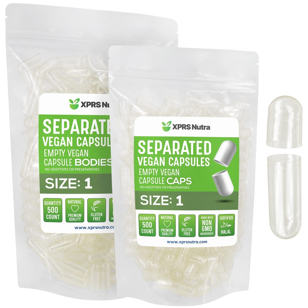 XPRS Nutra Vegan Formato 1 Capsule Separati - 500 Contenitori Premium Capsule Vuoti Separati in Borse - Pillole Cancella 1 Vuoto per Riempimento Integratore fai da te