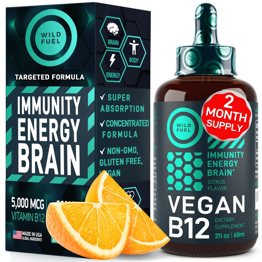 Vegan Vitamina B12 Gocce Liquide - Fast-Acting B12 Sublingual 5000 mcg Methylcobalamin Supplement - Energia, Memoria e Mood Support - High-Potency One-Dropper Per Day - Citrus Natural Flavor - 2oz