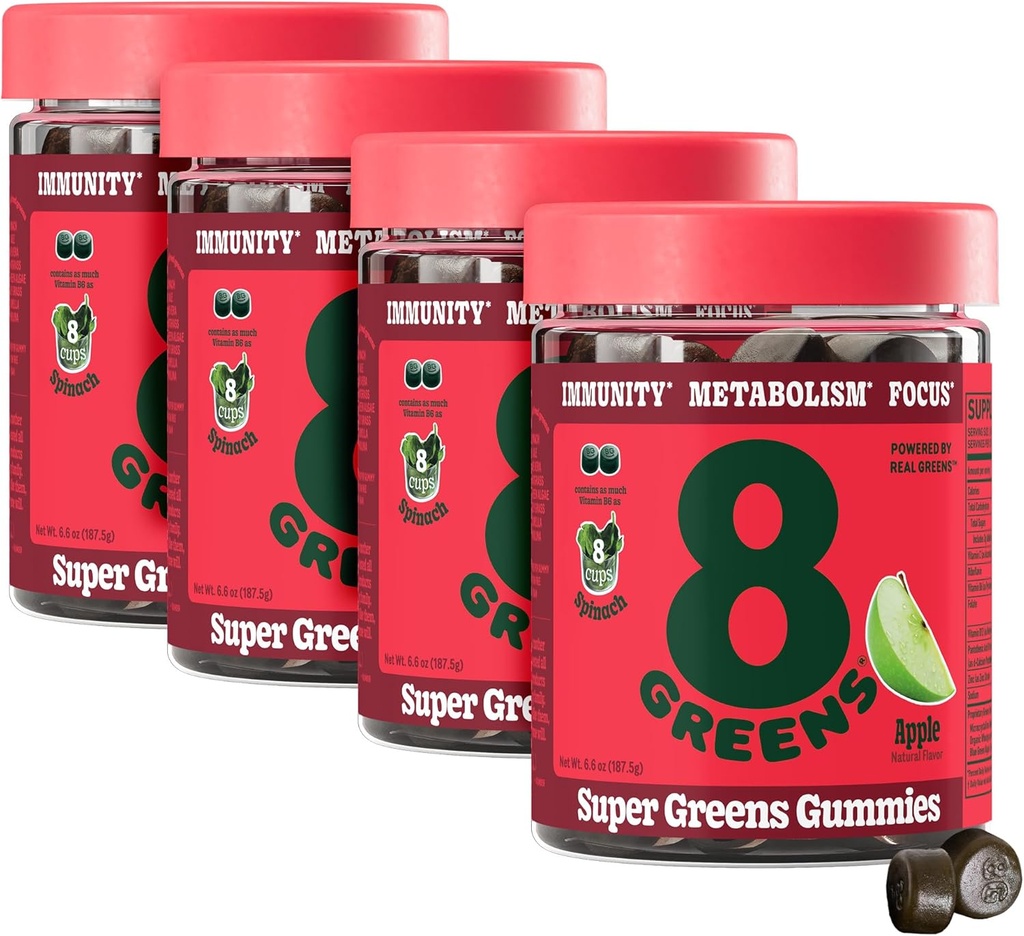 8Greens Supergreens Gummies | Super Greens Polvere Superfood Gummy per Metabolismo, Immunity & Focus, Digestive Health Enzymes, Organic: Chlorella, Spirulina, Aloe Vera, Apple Flavor, 200 Count