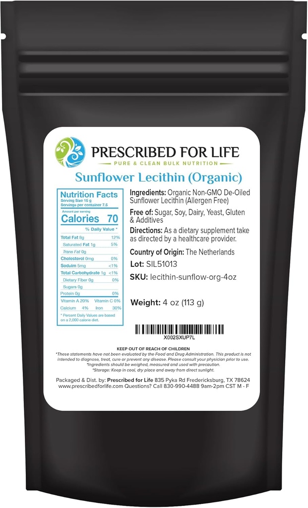Prescritto per la vita Organic Sunflower Lecithin Powder, Naturale, Gluten Free, Vegan, Non OGM, Soy Free, Kosher, Lecithin Supplement Rich in Choline & Essential Fatty Acids (4oz / 113g)