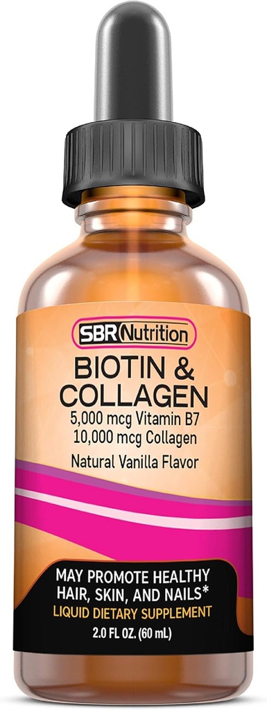 SBR Nutrizione Biotina e Collage Liquido Supplemento giornaliero dietetico, Vitamine per la crescita dei capelli e la perdita di peso, Salute della pelle e Ricostruzione Unghie, 2 oz (60mL)