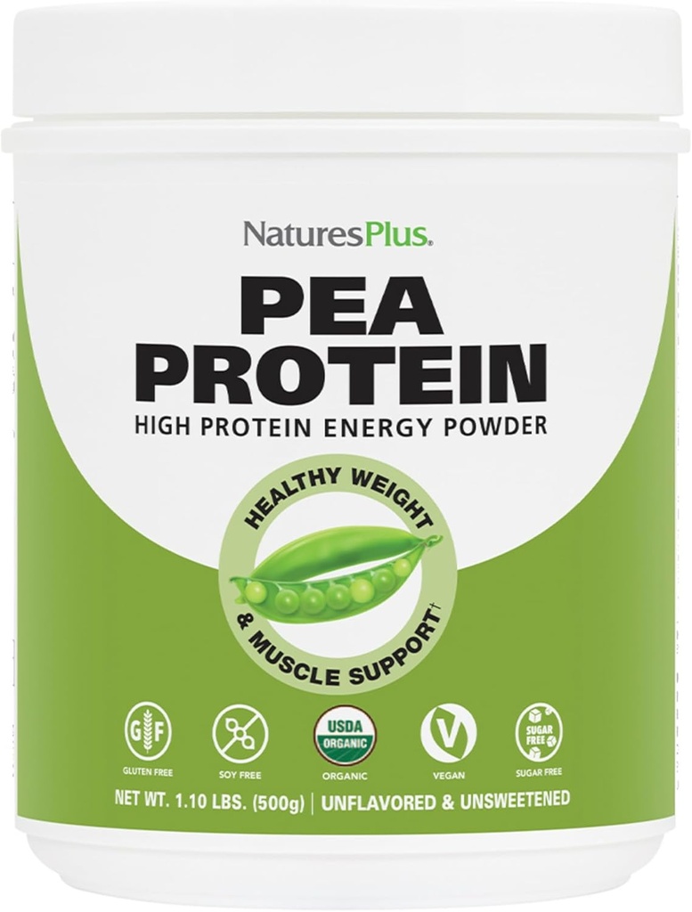 Natures Plus Organic Pea Protein - 1,1 lbs, Vegan Drink Powder - Polvere di proteine ad alta energia, Suppressore di fame, Muscle Builder, promuove la salute del cuore - Non OGM, Vegetariano, Senza glutine - 25 Serve