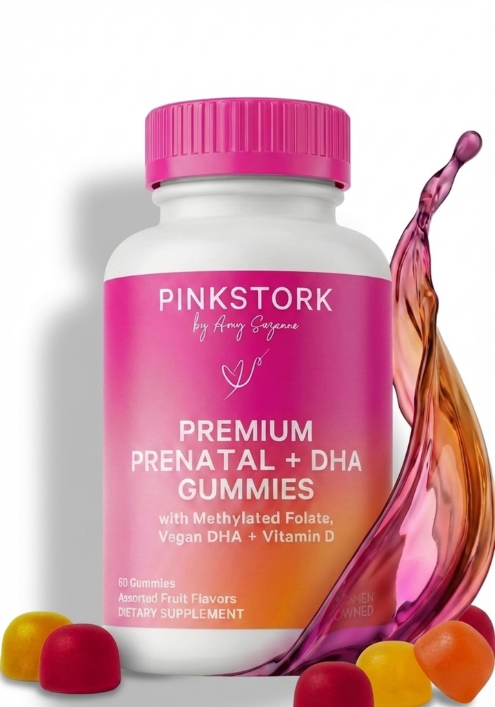 Pink Stork Premium Prenatal Gummy Vitamine con DHA, Folate e Vitamina D - Multivitamin e Nutriente Blend per lo sviluppo del tubo neurale e del cervello fetale - La gravidanza deve avere - 60 Vegan Gummies