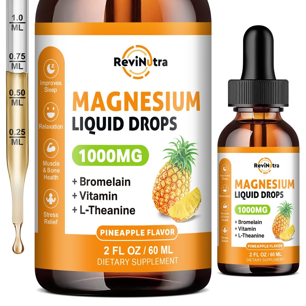 Magnesio Glycinate Gocce Liquide, 1000mg di Liquid Magnesium supplemento complesso per il sonno, Neve, Energia, Muscolo, Bone, Calma & Digestione, Alto assorbimento, 2 Fl Oz, Aroma di ananas senza zucchero