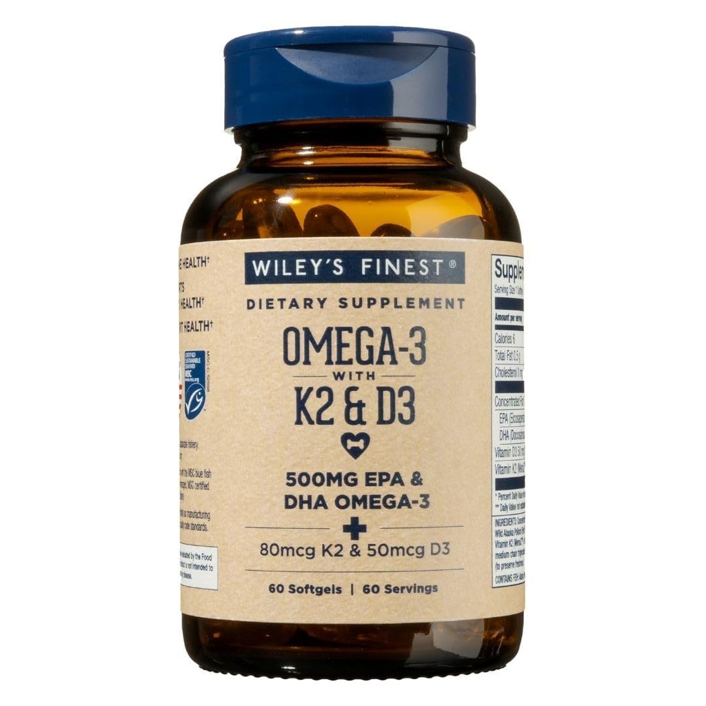 Wiley's Finest Wild Alaskan Fish Oil Vitamin K2 & D3 Softgels - 500mg di EPA e DHA Omega-3s per Bone e Heart Health Support - 60 Softgels (60 Servings)