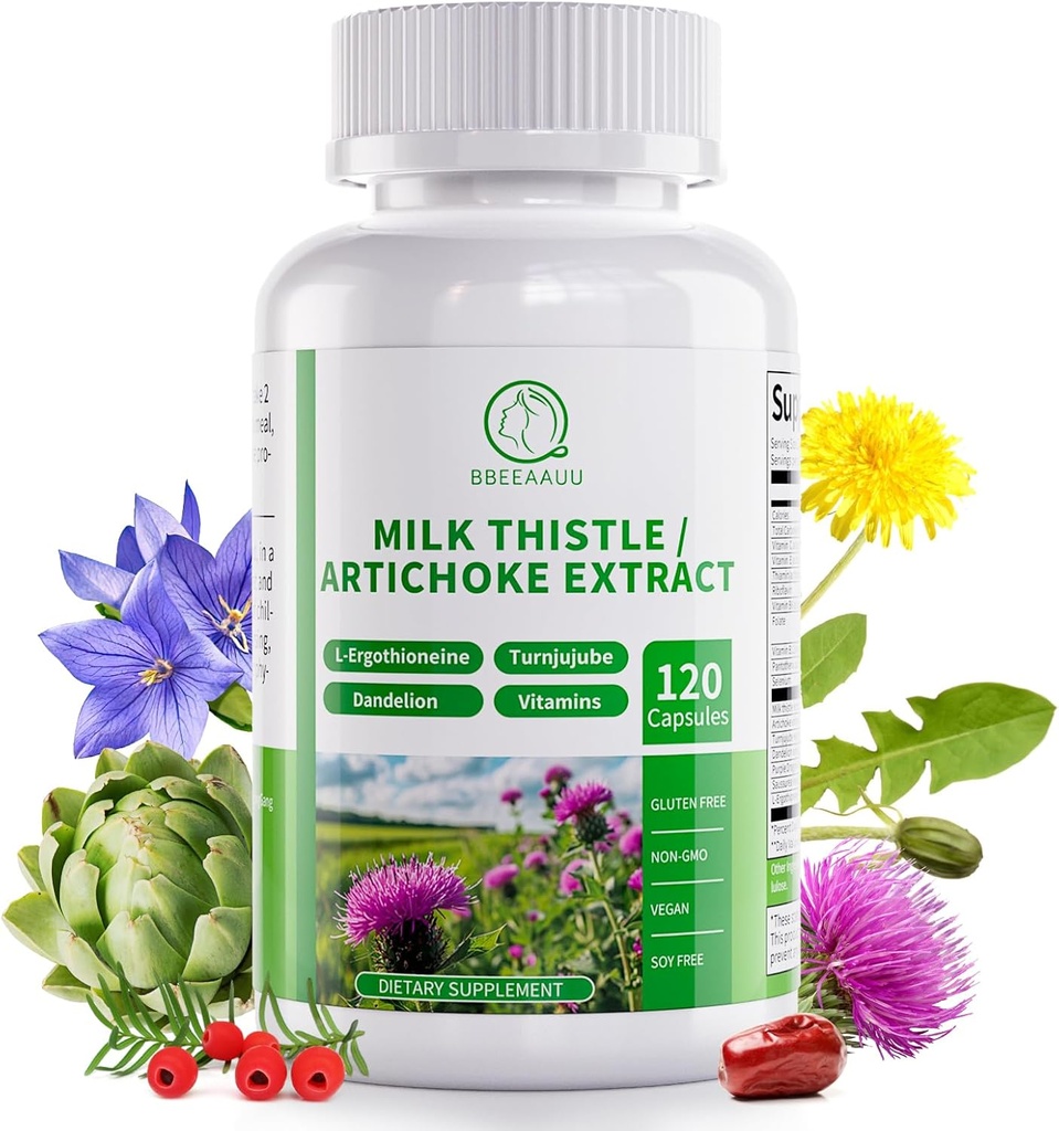 Integratore di cardo al latte, formula di disintossicazione e riparazione del fegato, Pillola di sostegno del fegato di 16-in-1 con carciofo, L-ergothioneina, Estratto di dadelion di Turnjube per il fegato & Antiossidante 120 capsule