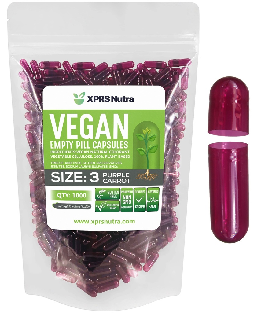 XPRS Nutra Size 3 capsule vuote - 1000 Conte Empty Vegan - Pillole vegetariane - Riempimento di capsule vegetali fai da te - Capsula di pillole vegetariane (Carota viola)
