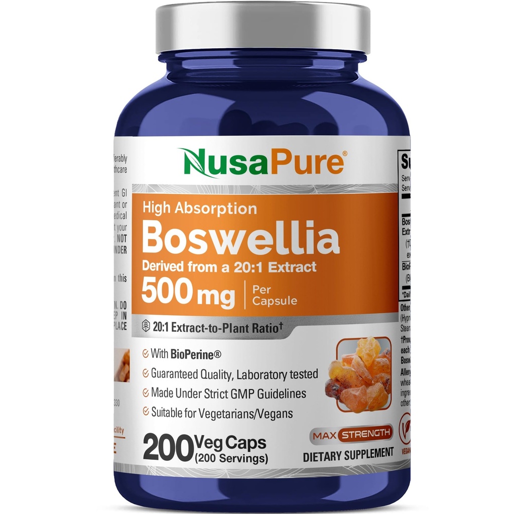 NusaPure Boswellia Serrata 10.000 mg Per Veggie Caps 200 Conte (Es. 20:1, Non OGM, Vegan, Bioperine) Ayurvedic Herb: Indian Olibanum, Frankincense