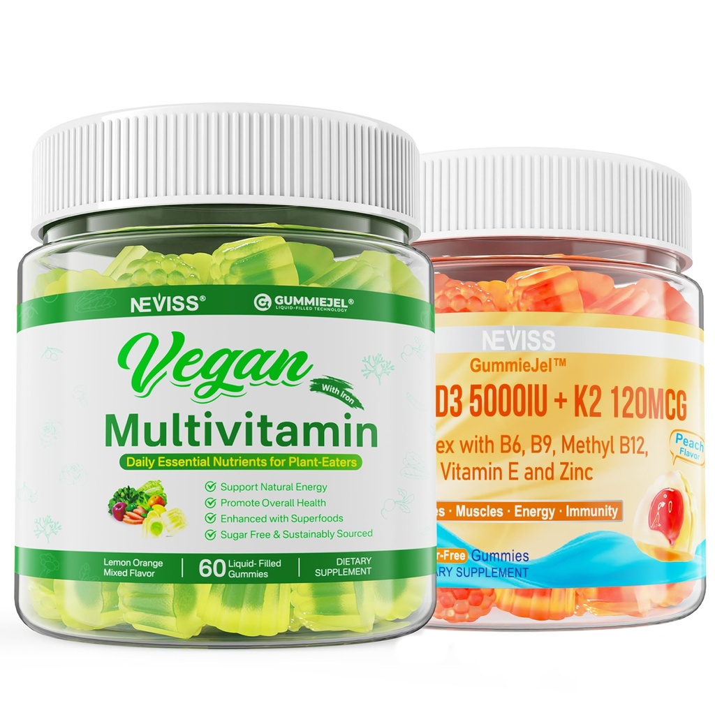NEVISS Vitamina D3 5000IU + K2 (MK-7) 120mcg con Vegan Multivitaminico per Donne Uomini con Ferro, Vitamina B12, A, D3, K2, Algae Omega 3, Magnesio, Zinco