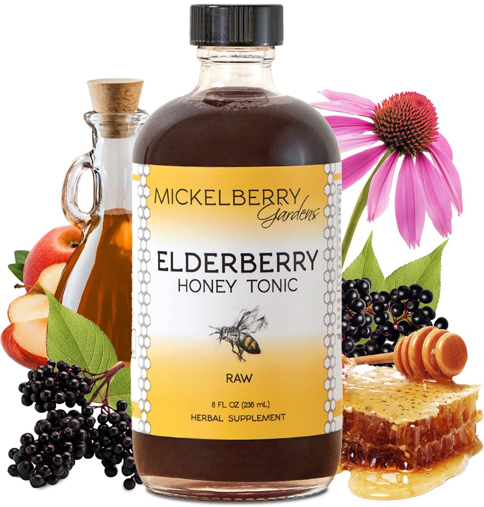 Mickelberry Gardens Elderberry Honey Tonic, Sambucus Syrup, Black Elderberry - Supporto immunitario per adulti e bambini (8 once)
