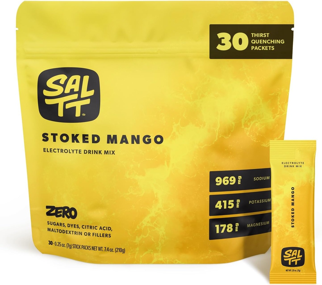 SALTT Electrolytes Powder Flavored Drink Mix - Stoked Mango - 30 Hydration Packets - Magnesium, Potassium, Sodium, Trace Minerals - Zero Sugar & Gluten Free - Viaggi Essentials