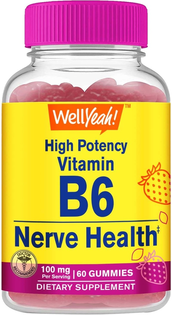 WellYes Alta potenza Vitamina B6 Gummies - Promuove la salute di Nerve, la funzione cognitiva, il regolamento del mood, il supporto immunitario e la salute cardiovascolare - Vegan, non OGM, senza glutine - 60 conte