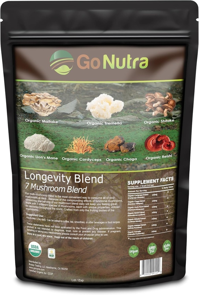 Go Nutra - Organic 7 Mushroom Supplement, Longevity Mushroom Powder with Lion’s Mane, Chaga, Shiitake, Maitake, Reishi, Tremella e Cordyceps Mushroom, Non-GMO, Gluten-Free, Vegan, 8 oz