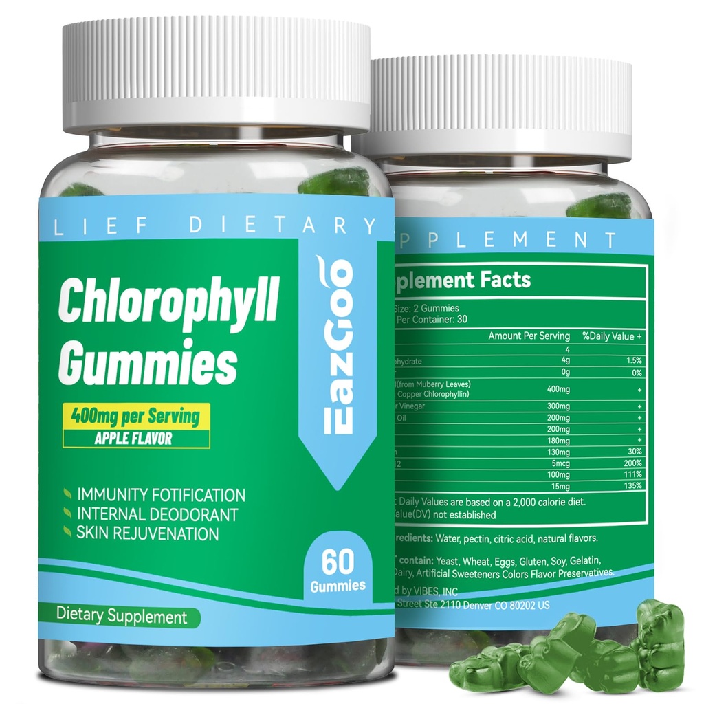 Zucchero senza clorofilla Gummies, Vitamina B12 Zinco - Deodorante naturale*, Supporta la pelle sana e il corpo disintossicante*, Immune & Digestion Support, Chewable Chlorophyll Supplement per le donne - 60 Conte