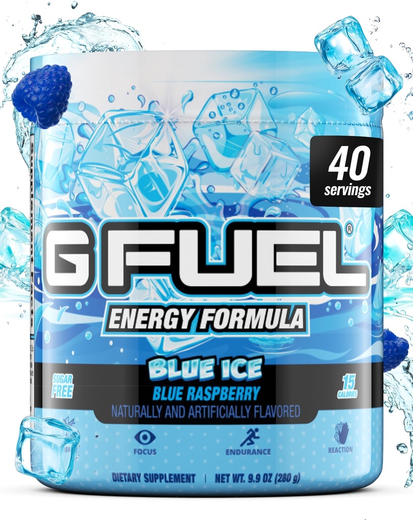 G Fuel Blue Ice Energy Drink Powder, Pre Workout Caffeine Mix per il gioco, Sugar Free Focus Amino, Vitamina + Antiossidanti, 9.9oz (Blue Raspberry, 40 Servings)