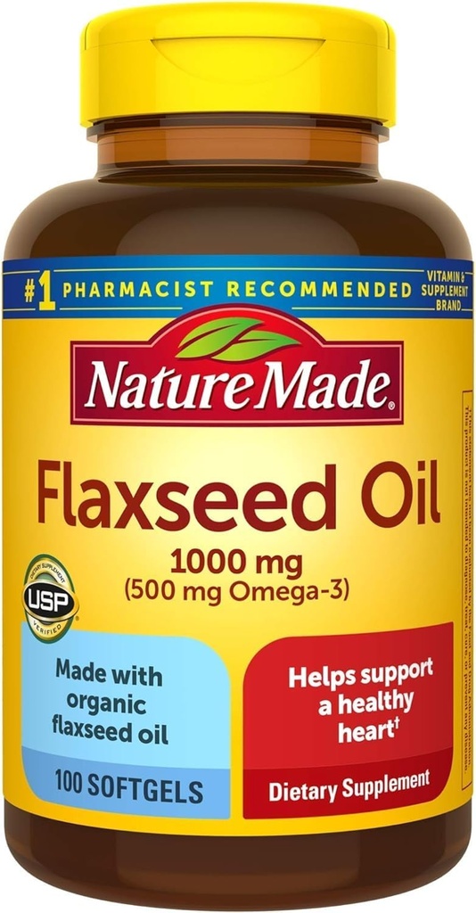 Natura fatta olio di lino 1000 mg, Fish Free Omega 3 supplemento, supplemento dietetico per il supporto di salute del cuore, 100 Softgels, alimentazione di 100 giorni