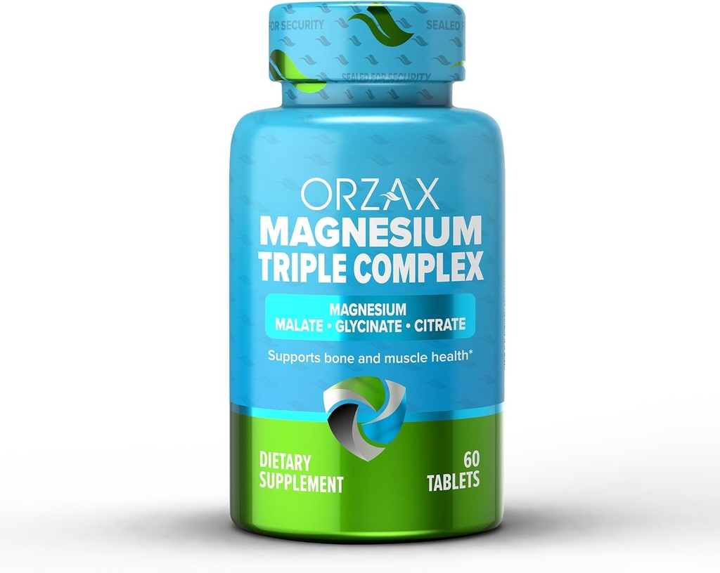 ORZAX Magnesio Triple Complex | Magnesio Glycinate, Citrato, Malate | Vegan, Gluten Free, Dairy Free, Halal | 200 mg di Magnesio Triple Complex per Muscoli & Energy per Donne e Uomini | 60 compresse