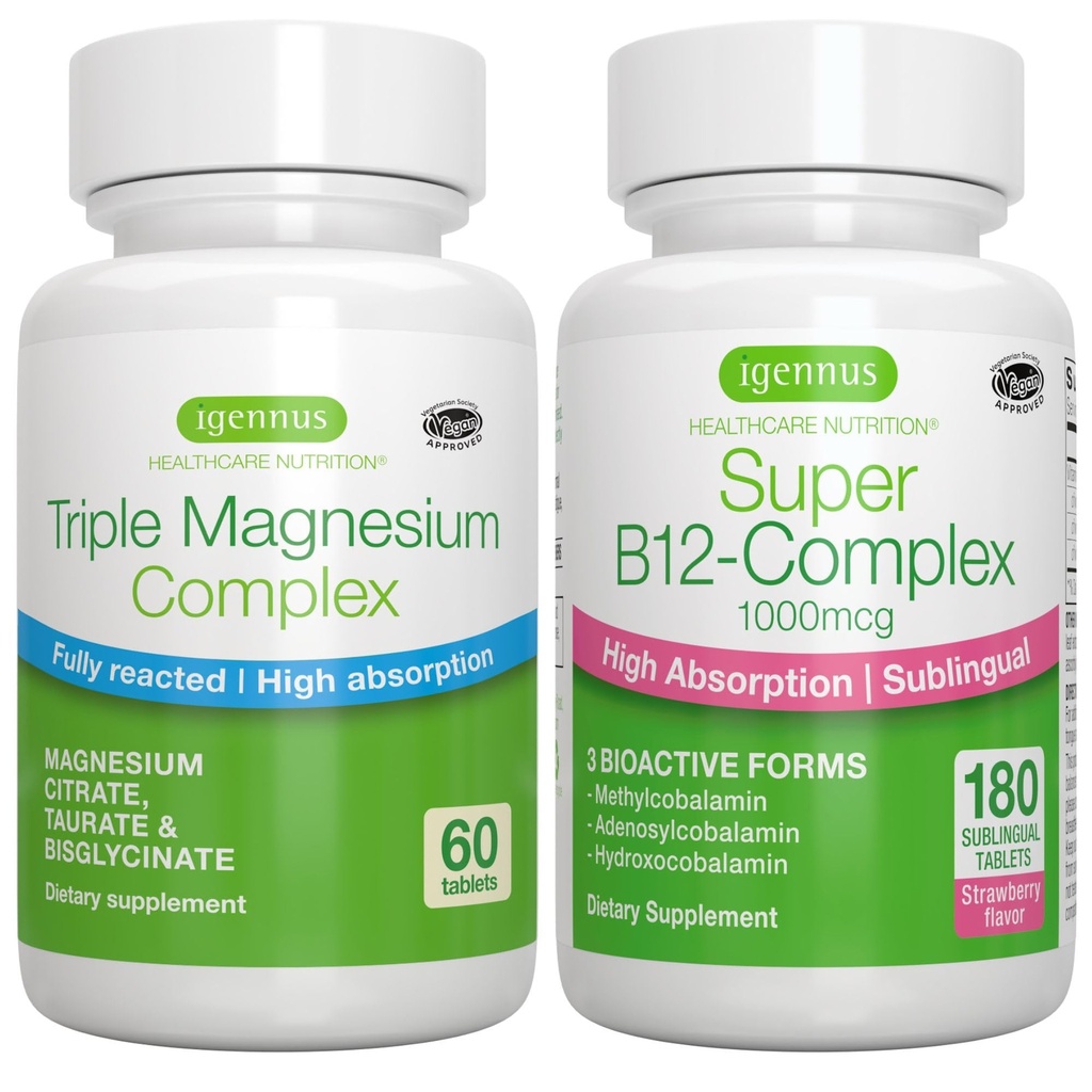 Triple Magnesium Complex + Super B12-Complex Energy Bundle, Alta Assorbimento Chelato Glycinate, Taurate & Citrate Magnesium + Alto Assorbimento Sublingue B12, Vegan, di Igennus