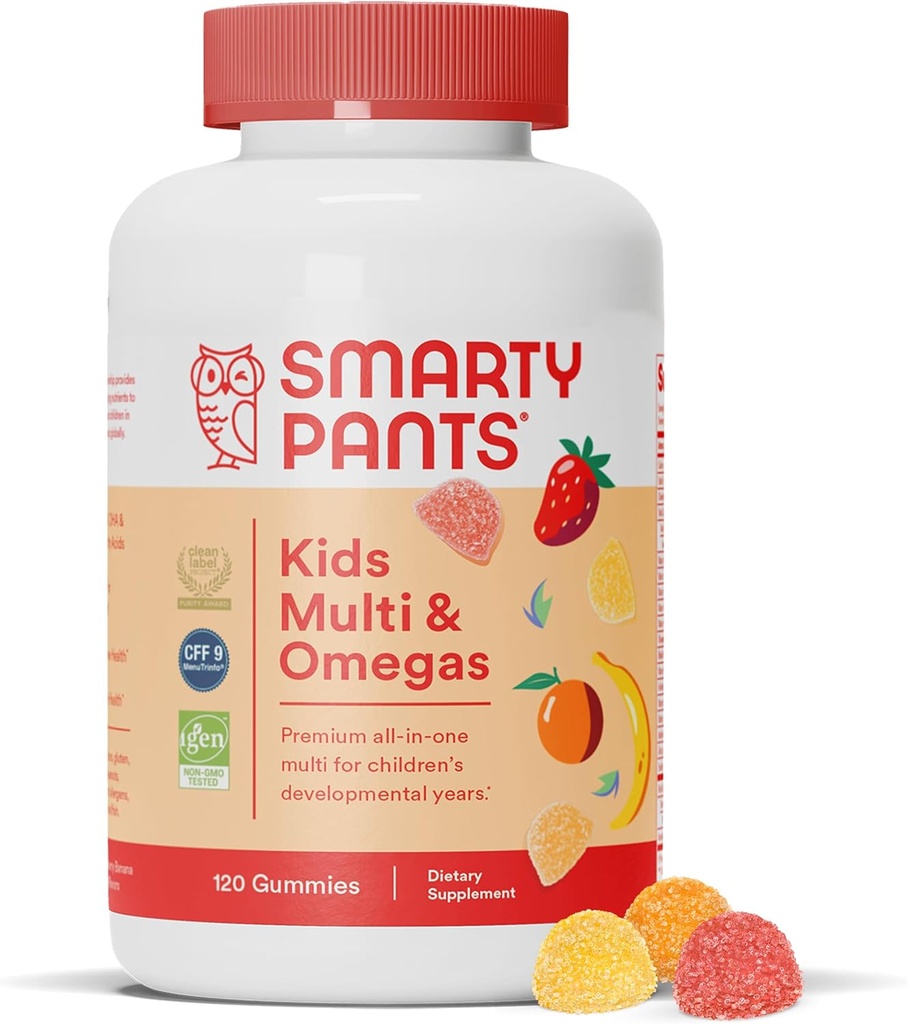 SmartyPants Kids Complete Gummy Vitamine: Multivitamin, Vitamina D3, B12 (metilcobalamina), E Omega 3 DHA / EPA Fish Oil, 120 conteggio