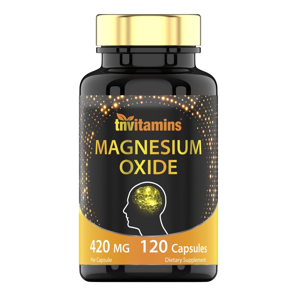 tnvitamins Magnesium Oxide 420mg - 120 capsule | 4 mesi di fornitura! | 100% Valore giornaliero di Magnesio Ossido in una capsula | Oxido de Magnesio | Non-OGM, Made in the USA
